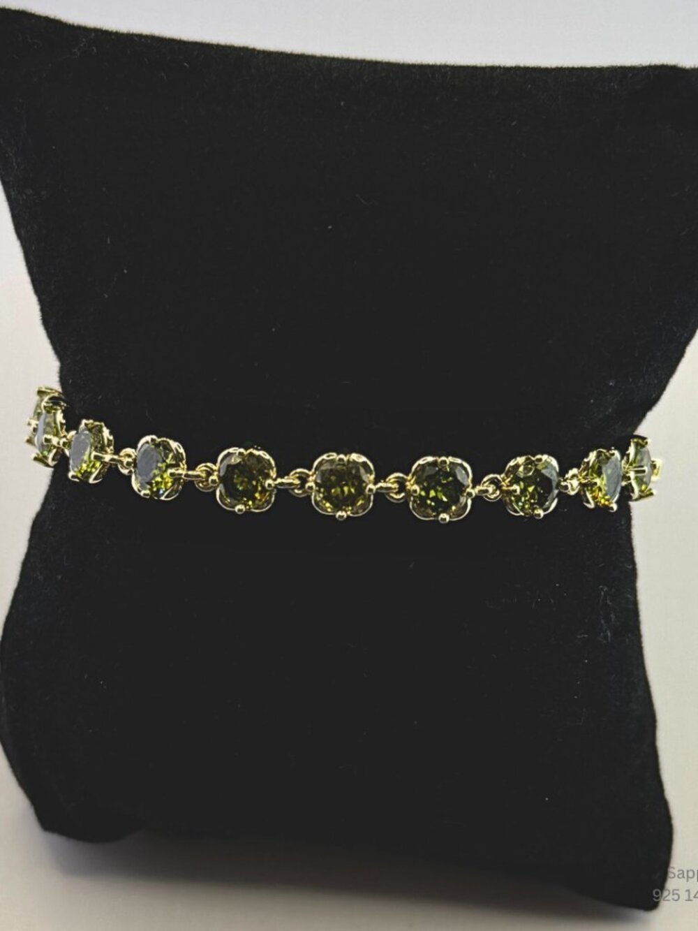 14K Gold Plated Green Sapphire Bracelet 925 Silver 6.7in Statement Jewelry